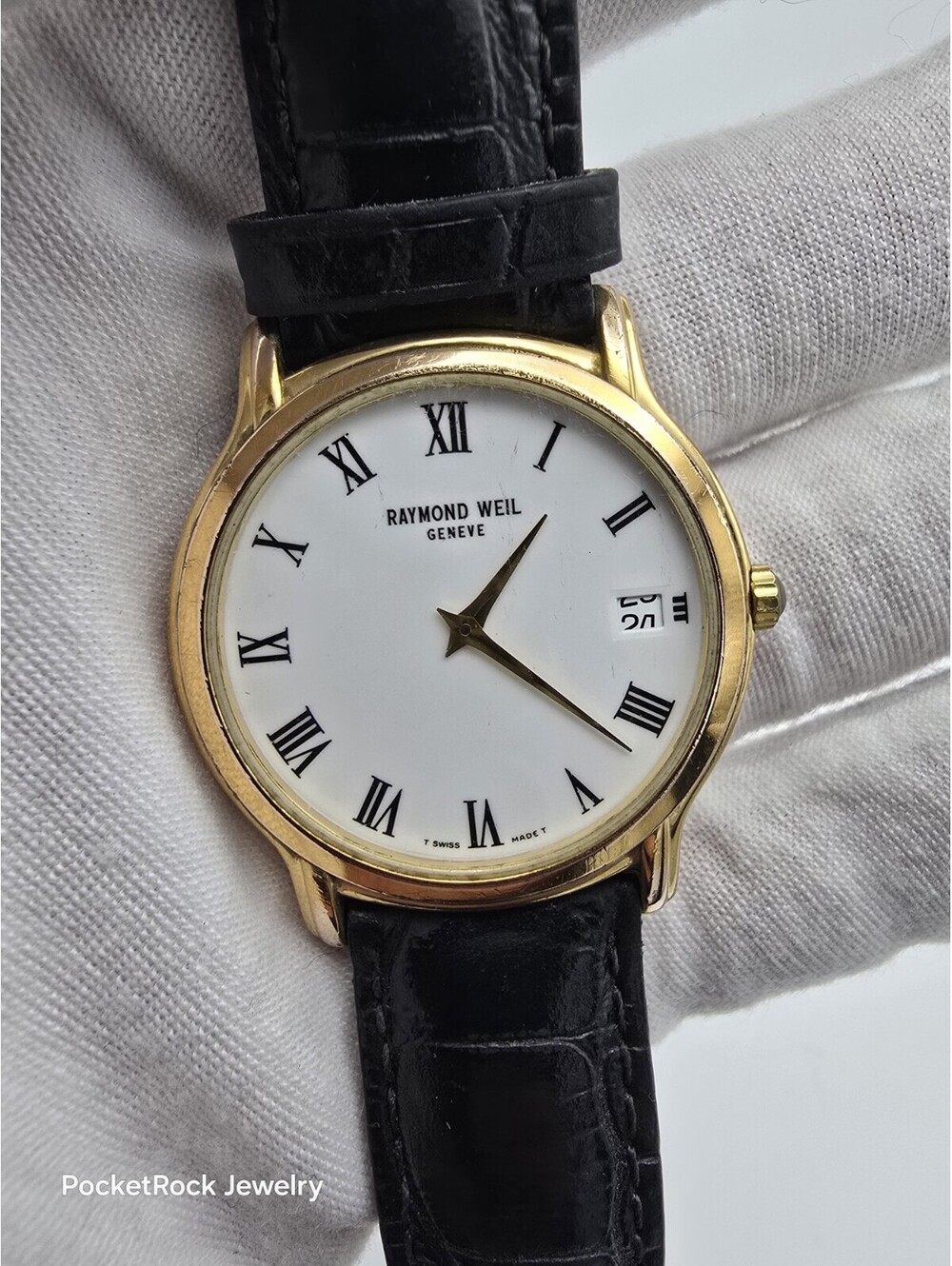 Raymond Weil Tradition 5569 34mm Gold Plated White Roman Dial Date Quartz Watch